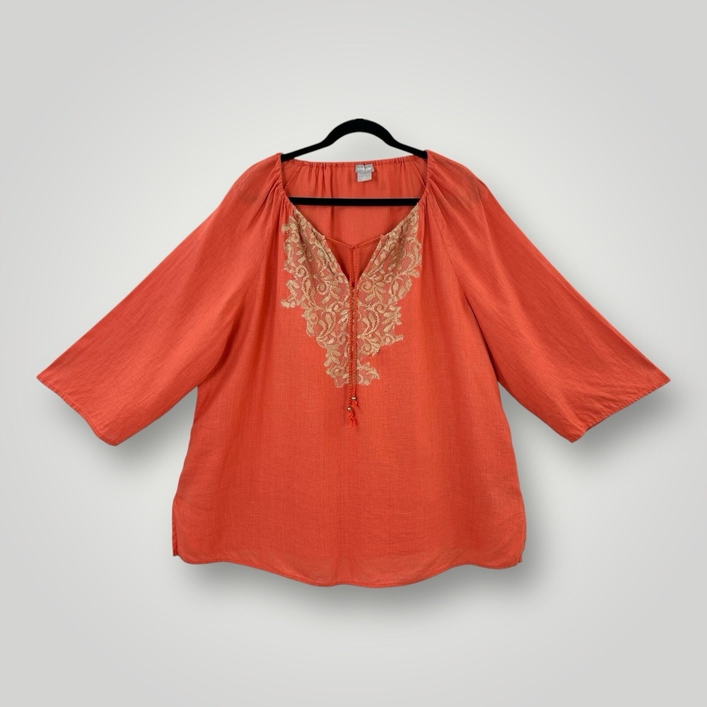 Chicos 100% Linen‎ Blouse Women XL (16/18) Orange Gold Lace Accent Peasant Top